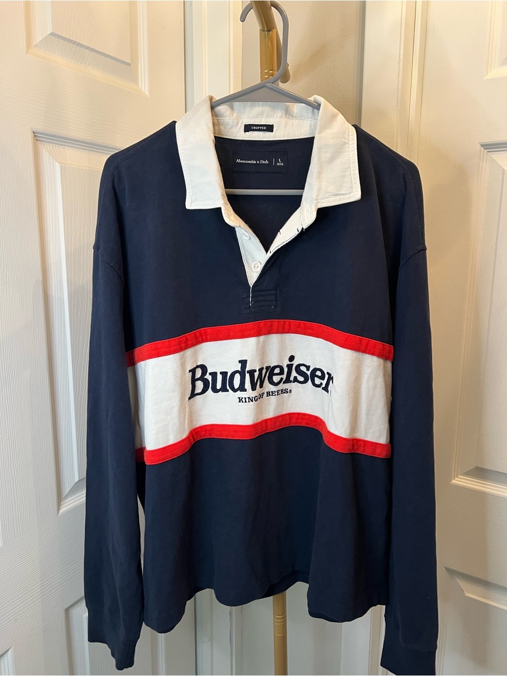 Budweiser Navy Long-Sleeve Rugby Shirt with White Collar and Red Stripe